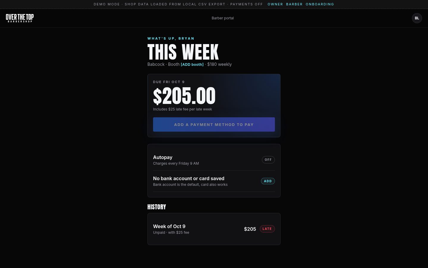 OTT Barbershop rent app screen